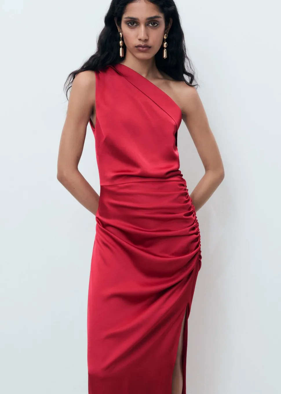 Asymmetrical satin dress with side