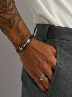 Black Leather Bracelet with Silver Rope Clasp