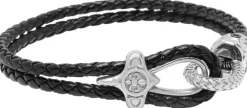 Black Leather Bracelet with Silver Rope Clasp