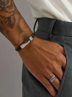 Black Leather Bracelet with Silver Clasp