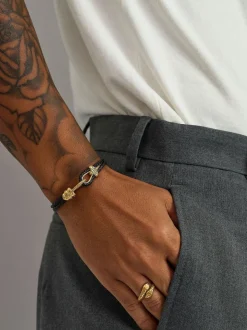 Black Leather Bracelet with Gold Rope Clasp