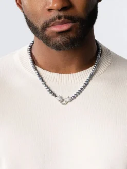 Black Pearl Choker with Double Panther Head in Silver