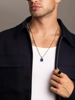 Gold Necklace with Square Blue Lapis Pendant