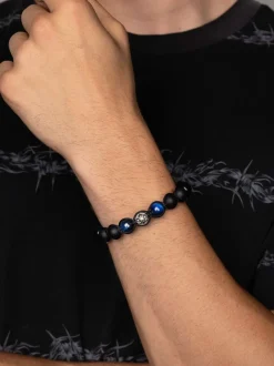 Men's Beaded Bracelet with Blue Tiger Eye and Black Onyx