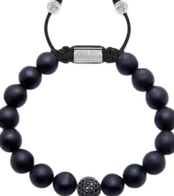 Men's Beaded Bracelet with Black CZ Diamond & Matte Onyx