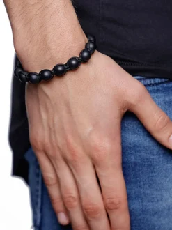 Men's Beaded Bracelet with Silver and Matte Onyx