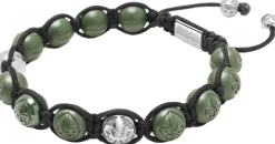 Men's Beaded Bracelet with Matte Green, Glossy Green Ceramic & Silver