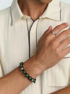 Men's Beaded Bracelet with Matte Green, Glossy Green Ceramic & Silver