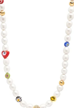 Men's Smiley Face Pearl Necklace with Assorted Beads
