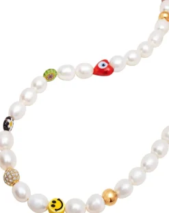 Men's Smiley Face Pearl Necklace with Assorted Beads