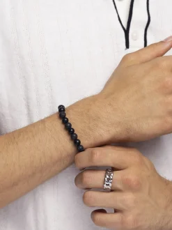 Men's Wristband with Lava Stone, Matte Onyx and Black Logo B