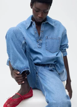 Mesh ballet flats with strap and bu