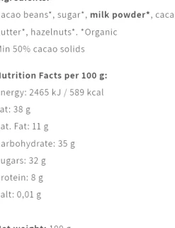 Milk Hazelnut 50 %, Nicaragua, Organic