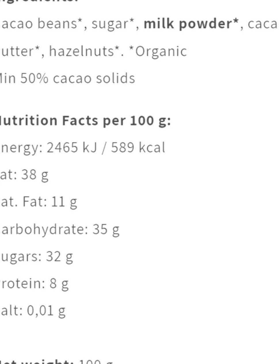 Milk Hazelnut 50 %, Nicaragua, Organic