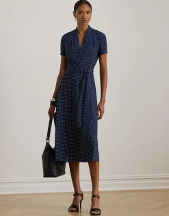 Polka-Dot Belted Crepe Dress